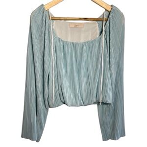 LOFT Pleated Balletcore PowderSquare Neck  Blue Long Sleeve Top Sample S/M